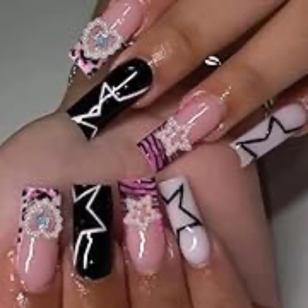 3D Charms With Pink Black Long Square Press On Nails